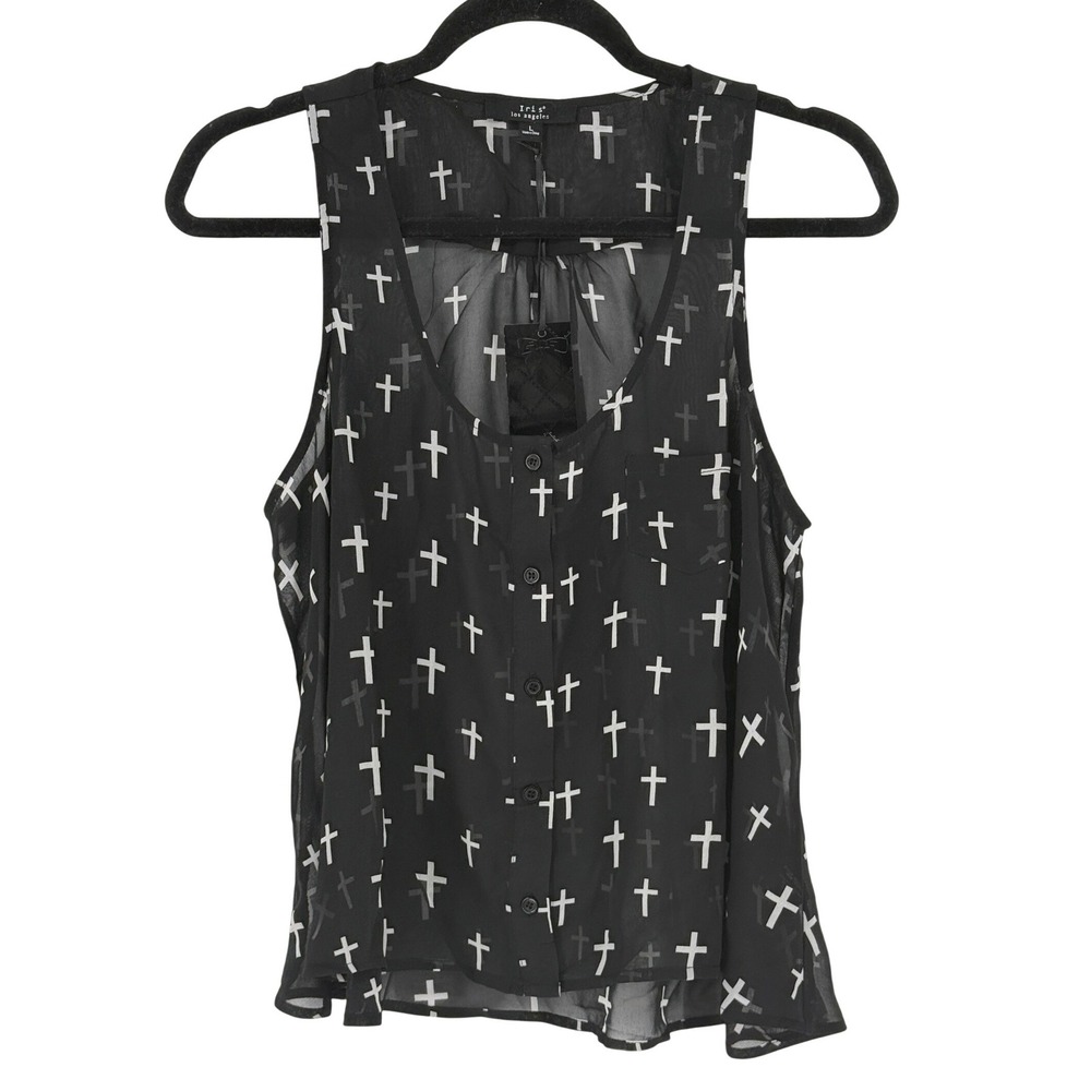 Black Cross Print Sheer Button Front Tank Top Size L Witchy Goth Fairy Grunge